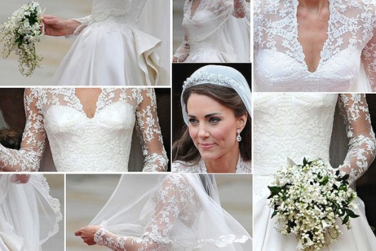 Details of lace on Kate Middleton's wedding dress